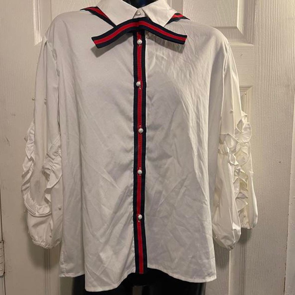 White pearled button up blouse
